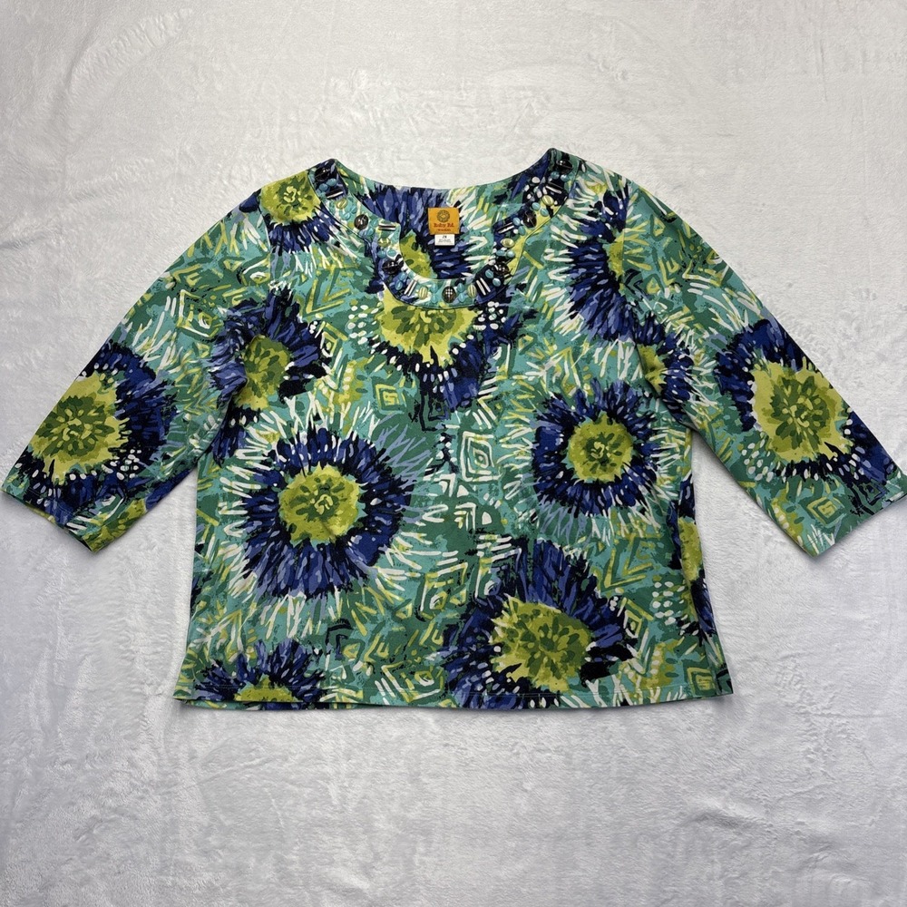 Ruby Rd 2X Y2K Embellished Bead Neckline Sunflower Print Top Boho Coastal VTG